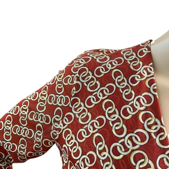 CAbi Red Geometric Long Sleeve Wrap Top Sz M Coach Cowgirl Chain Design Academia - Picture 5 of 15